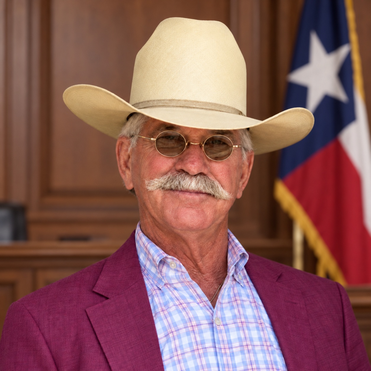 Souli Asa Shanklin wearing his cowboy hat and burgundy jacket, with a Texas flag in the background